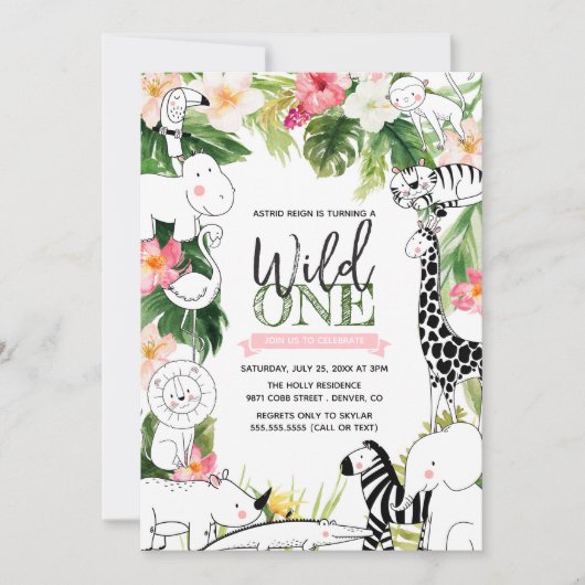 ワイルドワンジャングルサファリアニマルガールズファースト誕生日 招待状 (正面)