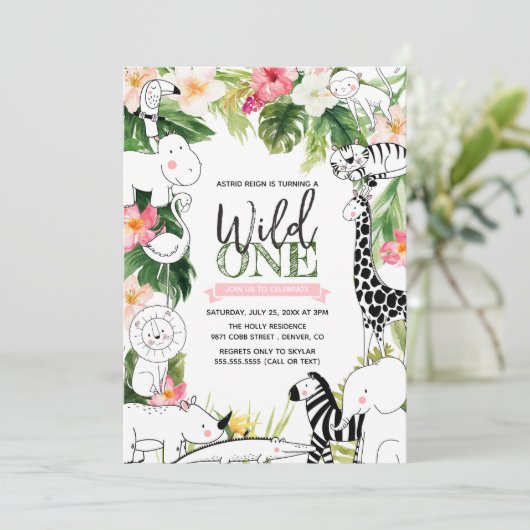 ワイルドワンジャングルサファリアニマルガールズファースト誕生日 招待状 (スタンド正面)