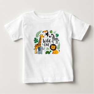 ワイルドワンジャングルサファリアニマルズファースト誕生日ベビー ベビーTシャツ