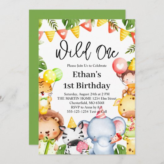 ワイルドワンジャングルサファリアニマルズ1st誕生日パーティー 招待状 (正面/裏面)