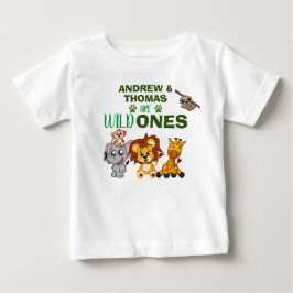 ワイルドワンジャングルサファリアニマルツインズファースト誕生日 ベビーTシャツ