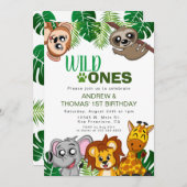 ワイルドワンジャングルサファリアニマルツインズファースト誕生日 招待状 (正面/裏面)