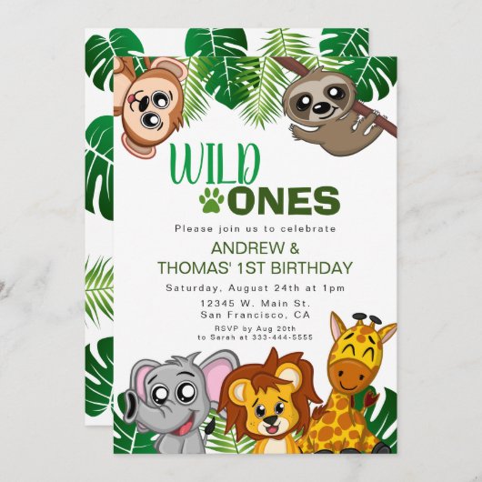 ワイルドワンジャングルサファリアニマルツインズファースト誕生日 招待状 (正面/裏面)