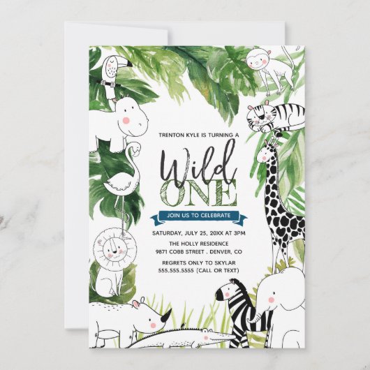 ワイルドワンジャングルサファリアニマルボーイズファースト誕生日 招待状 (正面)