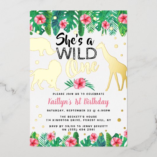 ワイルドワンジャングルサファリガールズ1歳実在誕生日 箔招待状 (正面)