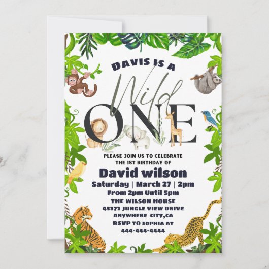 ワイルドワンジャングルサファリキッズテーマの誕生日 招待状 (正面)
