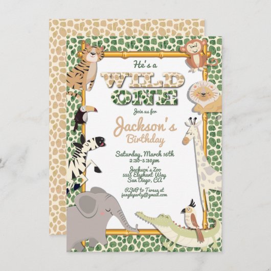 ワイルドワンジャングルサファリバースデーパーティーへの招待 招待状 (正面/裏面)