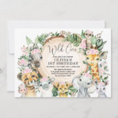 ワイルドワンジャングルサファリピンクフローラガールズ誕生日 招待状 (正面)