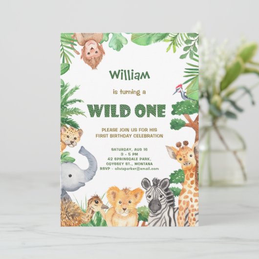 ワイルドワンジャングルサファリファースト誕生日招待状 招待状 (スタンド正面)