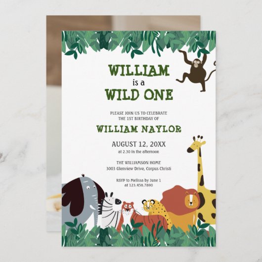 ワイルドワンジャングルサファリフォトファースト誕生日 招待状 (正面/裏面)