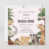 ワイルドワンジャングルサファリベビーガールバースデーパーティー マグネット招待状 (正面)