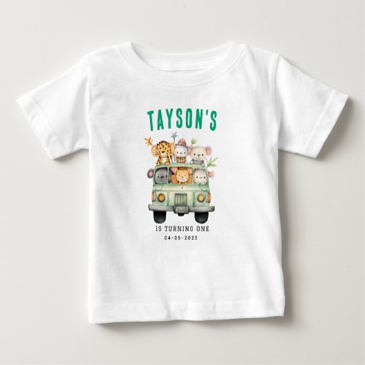 ワイルドワンジャングルサファリ動物の少年1歳の誕生日 ベビーTシャツ (正面)