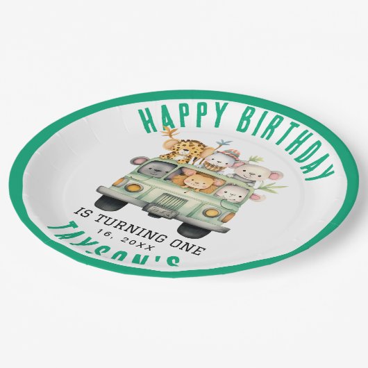 ワイルドワンジャングルサファリ動物の少年1歳の誕生日 ペーパープレート (アングル)