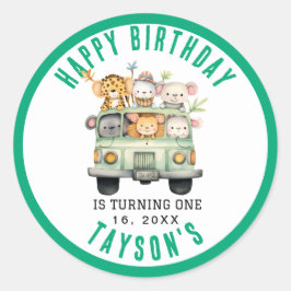 ワイルドワンジャングルサファリ動物の少年1歳の誕生日 ラウンドシール