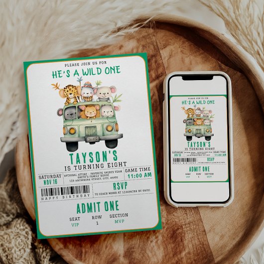 ワイルドワンジャングルサファリ動物の少年1歳の誕生日 招待状