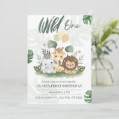 ワイルドワンジャングルサファリ動物の少年1歳の誕生日 招待状 (スタンド正面)