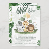 ワイルドワンジャングルサファリ動物の少年1歳の誕生日 招待状 (正面/裏面)