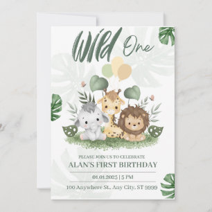 ワイルドワンジャングルサファリ動物の少年1歳の誕生日 招待状