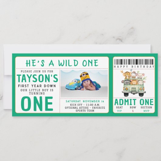 ワイルドワンジャングルサファリ動物の少年1歳の誕生日 招待状 (正面)