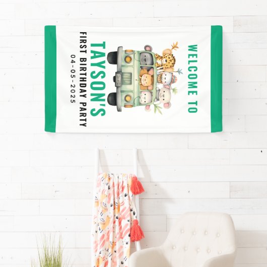 ワイルドワンジャングルサファリ動物の少年1歳の誕生日 横断幕 (インサイチュ)