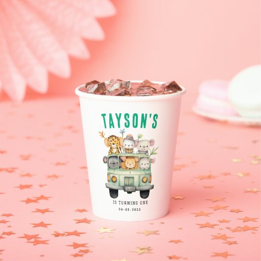 ワイルドワンジャングルサファリ動物の少年1歳の誕生日 紙コップ (インサイチュ)