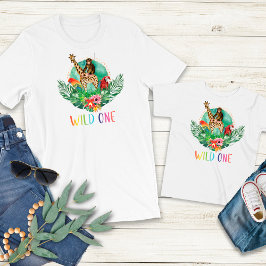 ワイルドワンジャングルサファリ動物モダンの水色 Tシャツ