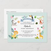 ワイルドワンジャングルサファリ動物1歳の誕生日 インビテーションポストカード (正面/裏面)
