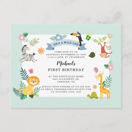 ワイルドワンジャングルサファリ動物1歳の誕生日 インビテーションポストカード (正面)