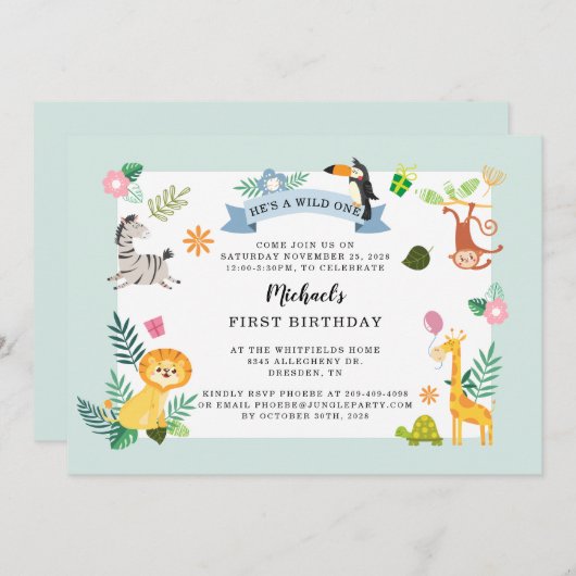 ワイルドワンジャングルサファリ動物1歳の誕生日 招待状 (正面/裏面)