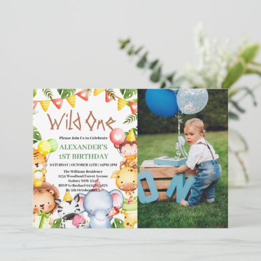 ワイルドワンジャングルサファリ動物1st誕生日の写真 招待状 (スタンド正面)