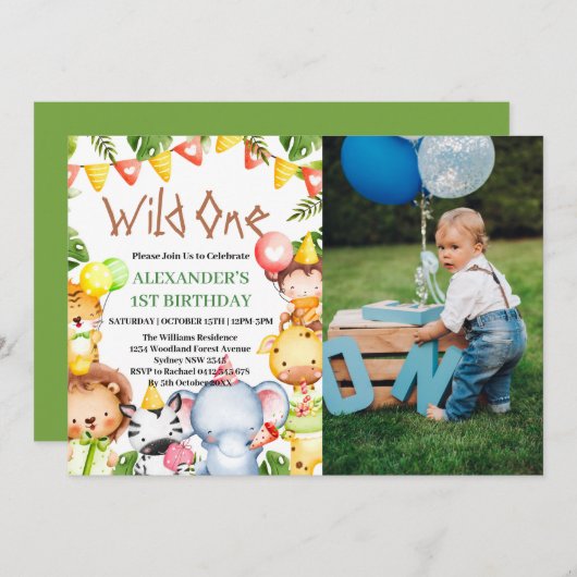 ワイルドワンジャングルサファリ動物1st誕生日の写真 招待状 (正面/裏面)