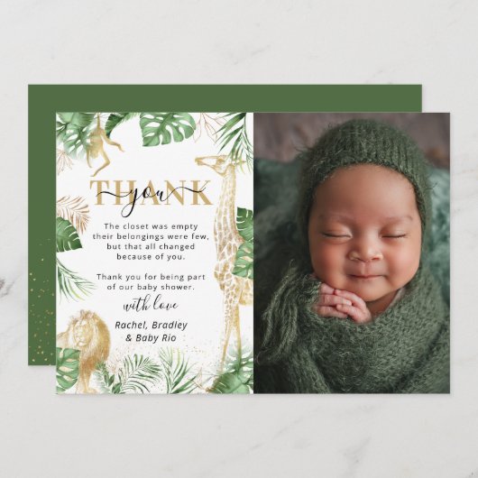 ワイルドワンジャングルサファリ緑の赤ちゃんシャワー写真 サンキューカード (正面/裏面)