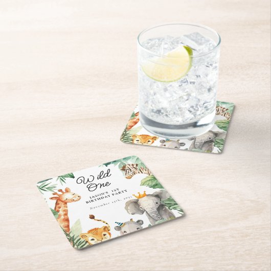 ワイルドワンジャングルサファリ誕生日 スクエアペーパーコースター (インサイチュ)