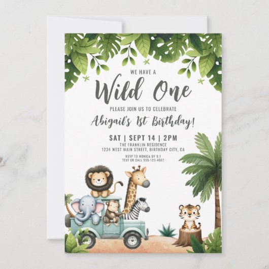 ワイルドワンジャングルサファリ1歳の誕生日パーティー 招待状 (正面)