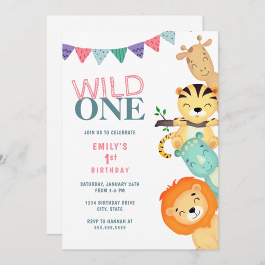 ワイルドワンジャングルサファリ1st誕生日招待状 招待状 (正面/裏面)