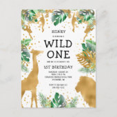 ワイルドワンジャングルサファリ1st誕生日金ゴールドグリーン インビテーションポストカード (正面)