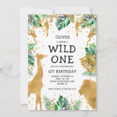 ワイルドワンジャングルサファリ1st誕生日金ゴールドグリーン 招待状 (正面)