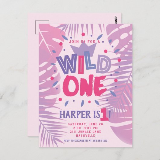 ワイルドワンジャングルテーマガールファースト誕生日 ポストカード (正面/裏面)