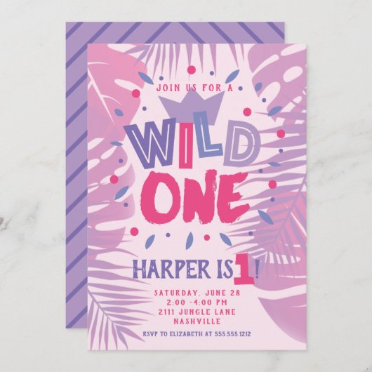 ワイルドワンジャングルテーマガールファースト誕生日 招待状 (正面/裏面)