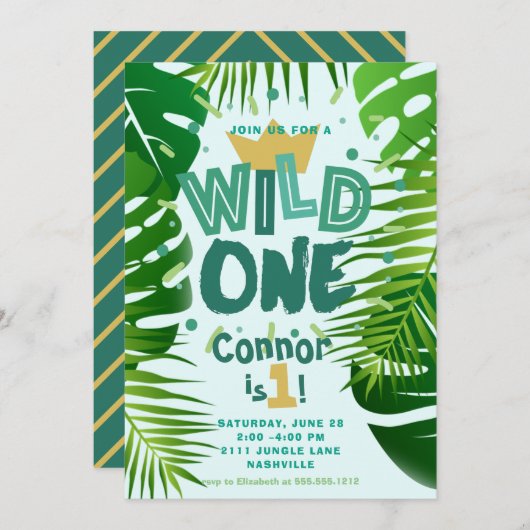 ワイルドワンジャングルテーマボーイズファースト誕生日 招待状 (正面/裏面)