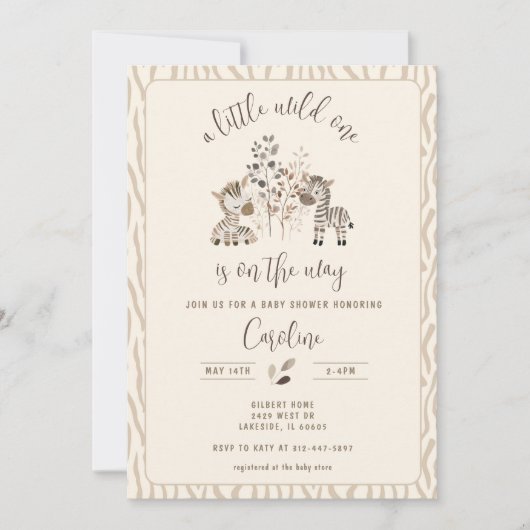 ワイルドワンゼブラサファリ男女兼用ベビーシャワー 招待状 (正面)