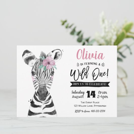 ワイルドワンゼブラ |女の子の最初の誕生日の招待 招待状 (スタンド正面)