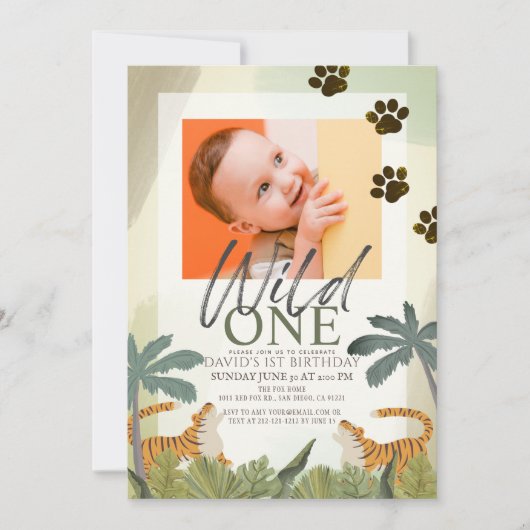 ワイルドワンタイガーサファリジャングル1st誕生日の写真 招待状 (正面)