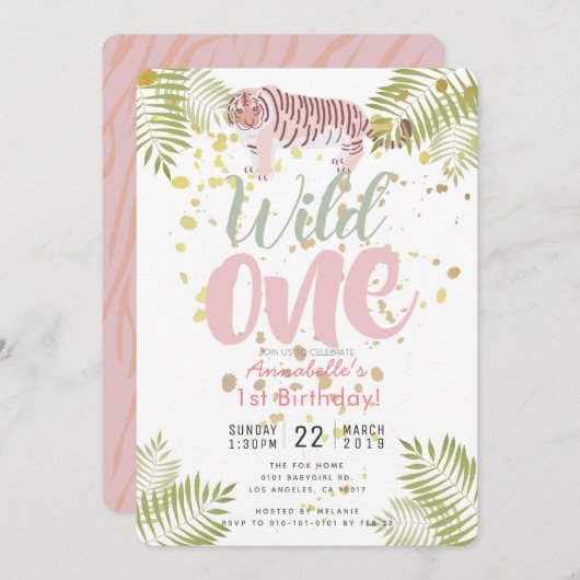 ワイルドワンタイガーピンクガール1st誕生日招待状 招待状 (正面/裏面)