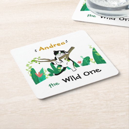 ワイルドワンタキシード子猫キッズ1st誕生日招待状 スクエアペーパーコースター (アングル)