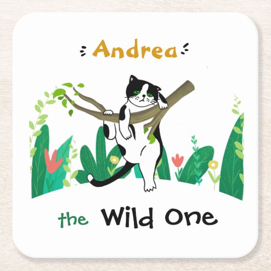 ワイルドワンタキシード子猫キッズ1st誕生日招待状 スクエアペーパーコースター (正面)