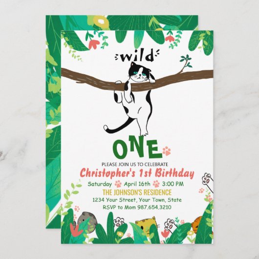 ワイルドワンタキシード子猫キッズ1st誕生日招待状 招待状 (正面/裏面)