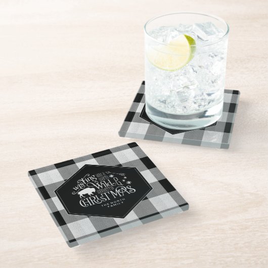 ワイルドワンダートクリスマスブラックバッファロープレイドID604 ガラスコースター (アングル)