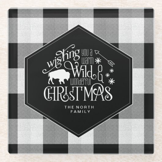 ワイルドワンダートクリスマスブラックバッファロープレイドID604 ガラスコースター (正面)