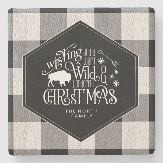 ワイルドワンダートクリスマスブラックバッファロープレイドID604 ストーンコースター (正面)